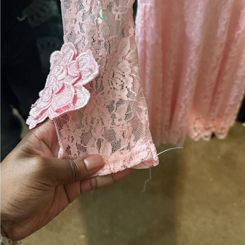 Elegant Pink Lace Dress with Floral Accents - Picture 3 of 4